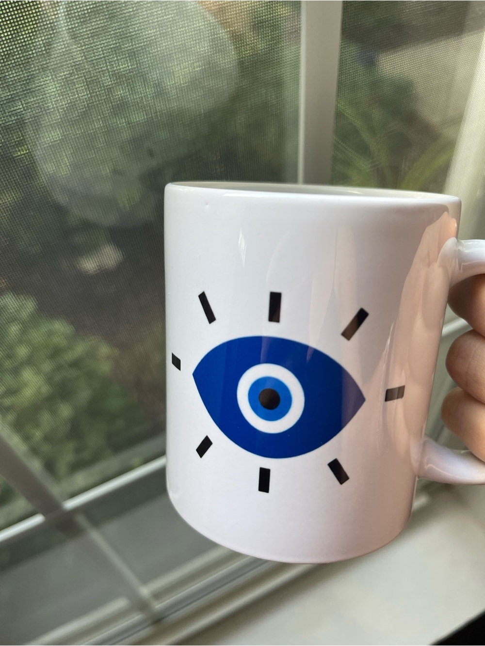 White Ceramic Mug with Blue Protective Eye Icon | New 11 oz